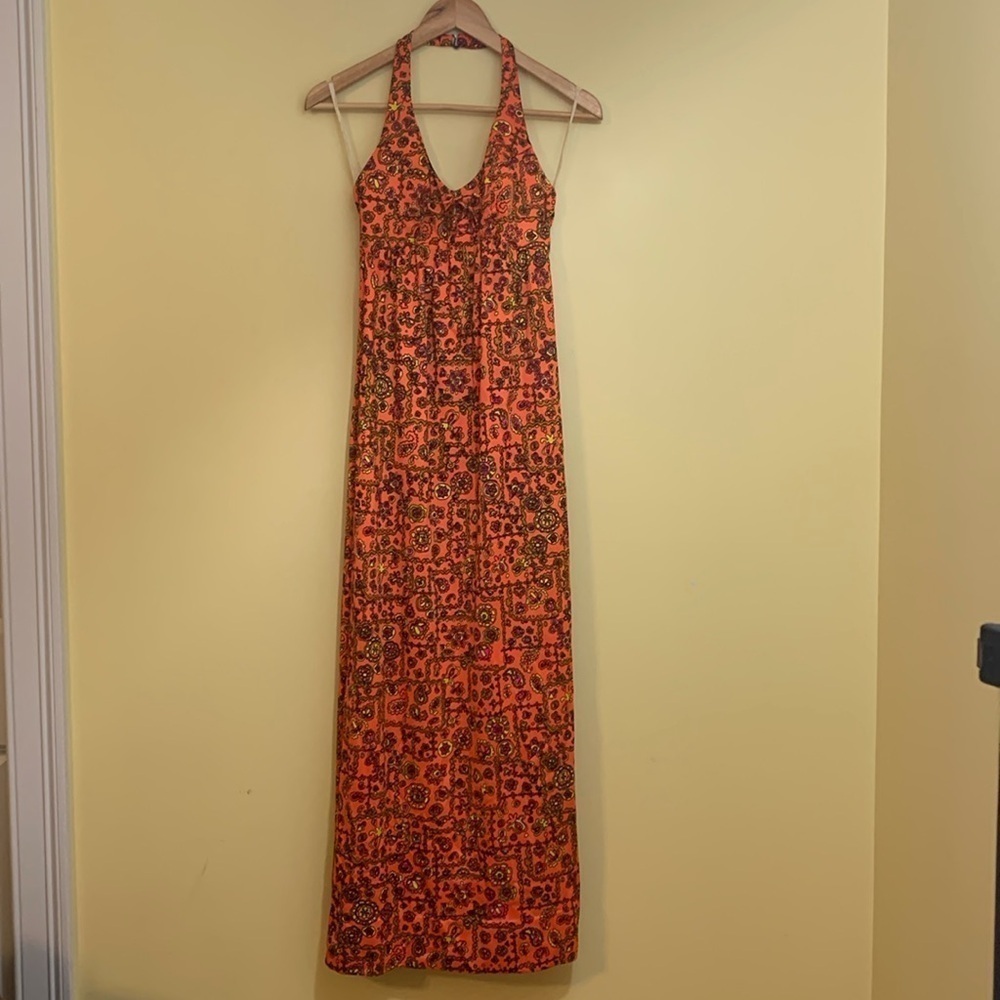 Sirena California 70's Neon Orange Floral Halter 2 Side Slits Maxi Dress S/M - Picture 3 of 17